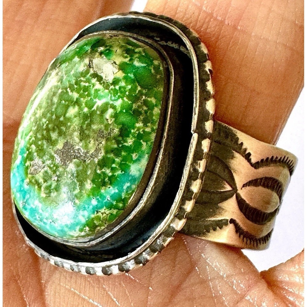 BIG Navajo Turquoise Mens Ring Sonoran Sz 12 Signed JG Sterling Wide Band Chunky
